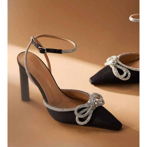 Tony Bianco Elsie Heels Black Satin W Rhinestone Bow 10 - Picture 1 of 3